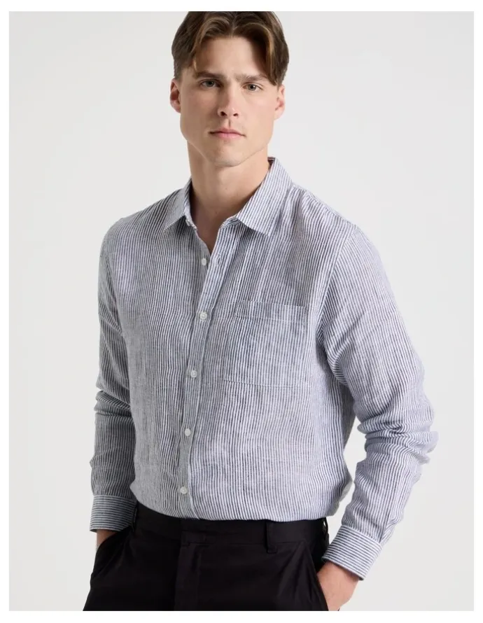 Blaq Linen Stripe Long Sleeve Shirt in Navy