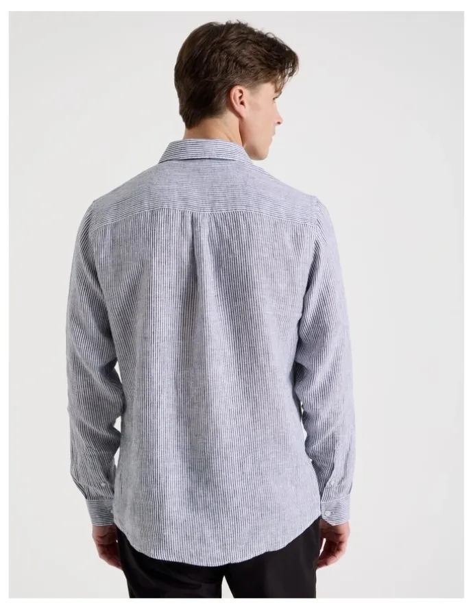 Blaq Linen Stripe Long Sleeve Shirt in Navy