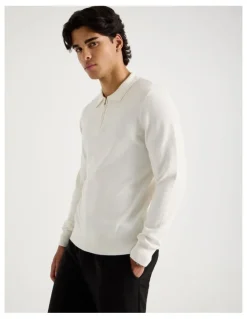 Blaq Long Sleeve 1/4 Zip Cotton/Wool Knit Polo in Ecru