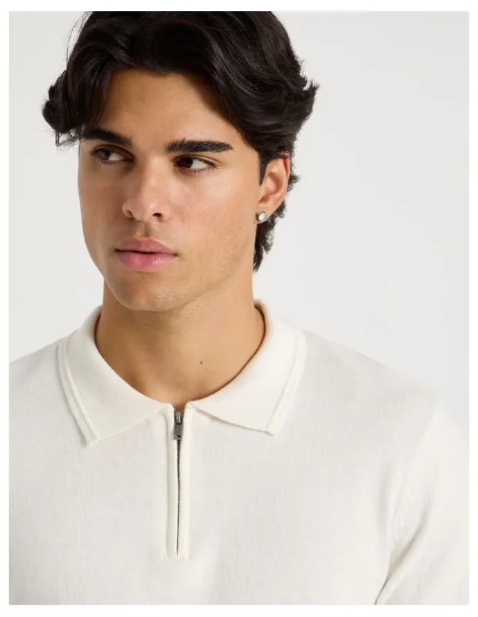 Blaq Long Sleeve 1/4 Zip Cotton/Wool Knit Polo in Ecru