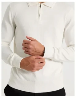 Blaq Long Sleeve 1/4 Zip Cotton/Wool Knit Polo in Ecru