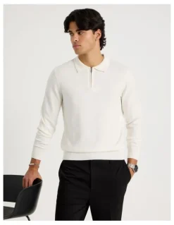 Blaq Long Sleeve 1/4 Zip Cotton/Wool Knit Polo in Ecru