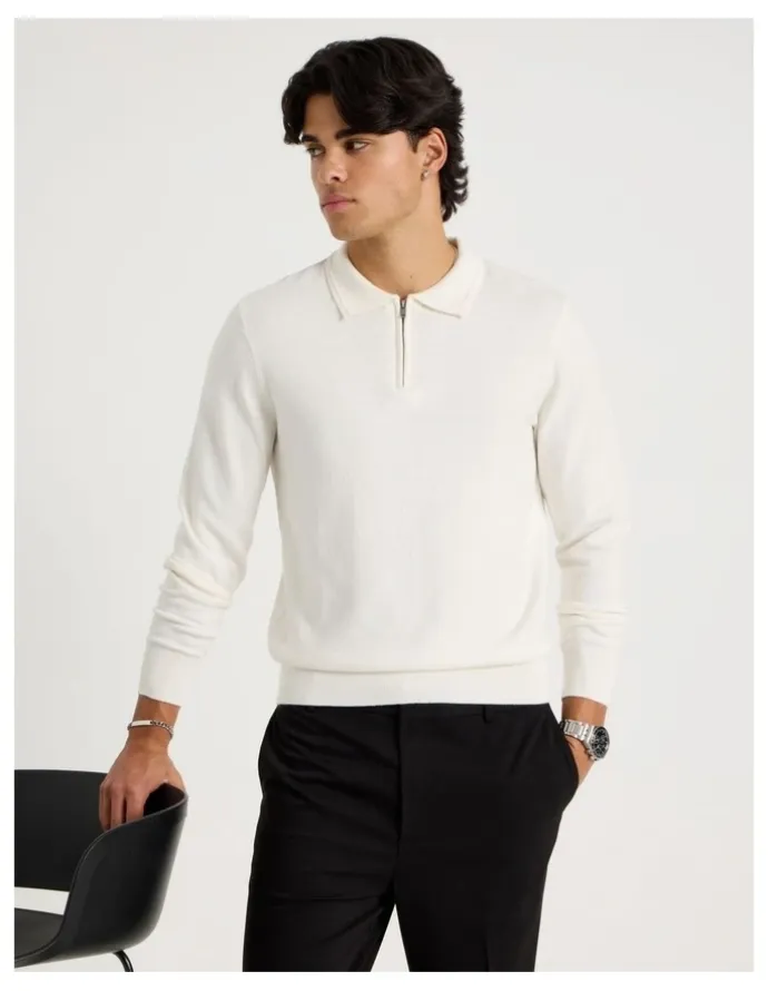 Blaq Long Sleeve 1/4 Zip Cotton/Wool Knit Polo in Ecru
