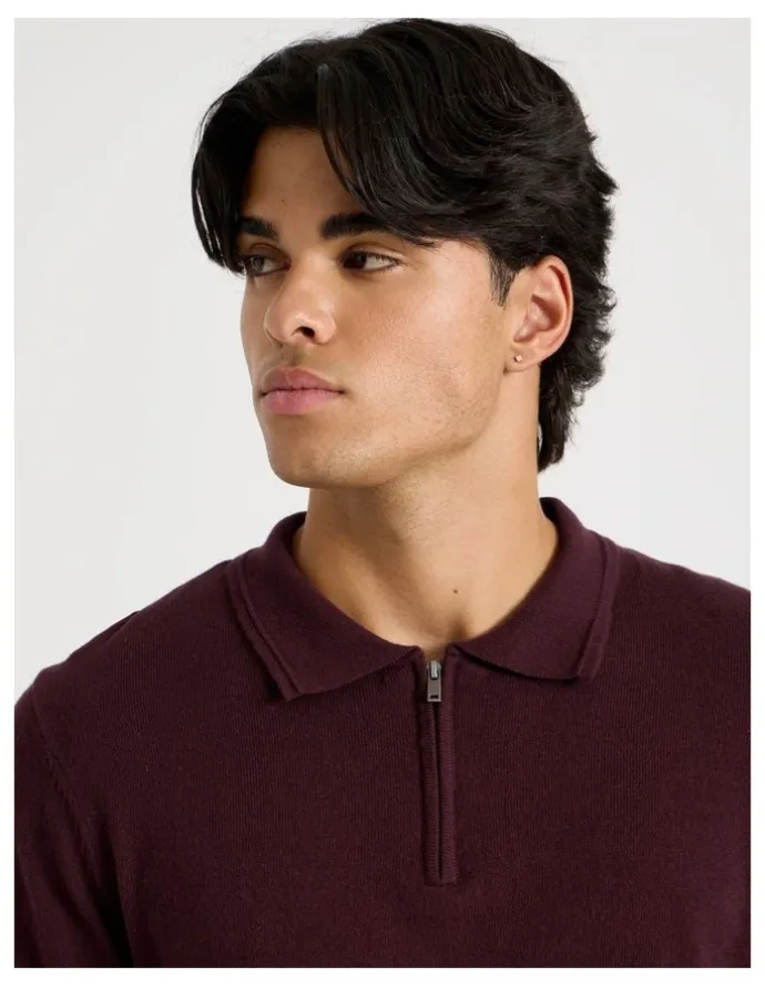 Blaq Long Sleeve 1/4 Zip Knit Polo in Burgundy
