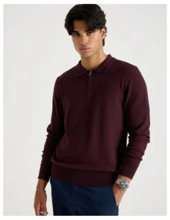 Blaq Long Sleeve 1/4 Zip Knit Polo in Burgundy