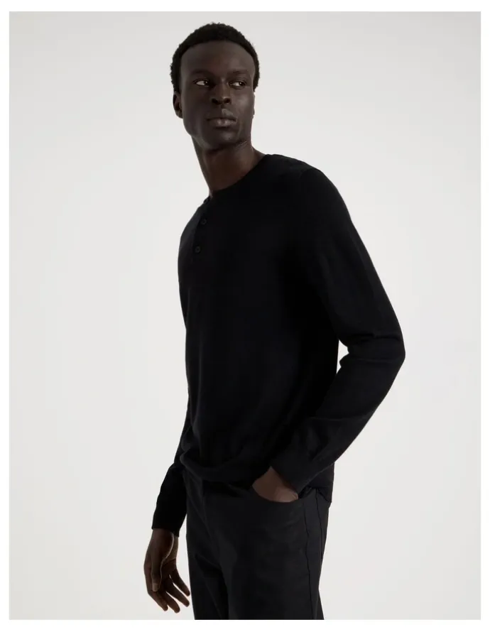 Blaq Merino Wool Henley Knit in Black