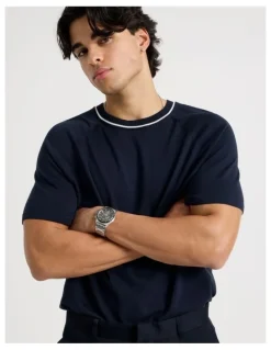 Blaq Mockneck Knit T-Shirt in Navy