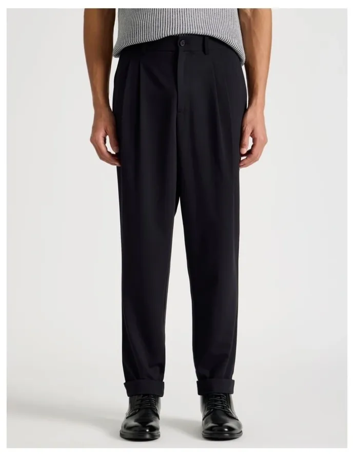 Blaq Pleated Twill Trouser in Navy
