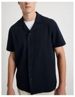 Blaq Relaxed Fit Textured Resort Collar Short Sleeve Shirt in Navy