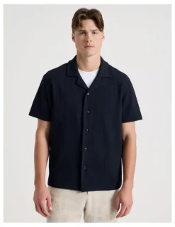 Blaq Relaxed Fit Textured Resort Collar Short Sleeve Shirt in Navy