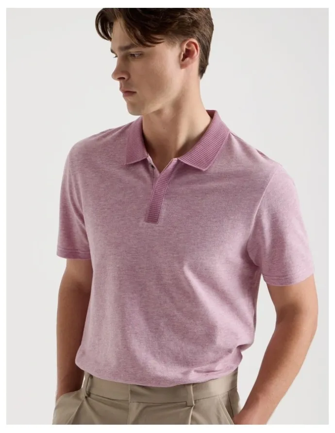 Blaq Rib Knit Collar Short Sleeve Polo in Pink