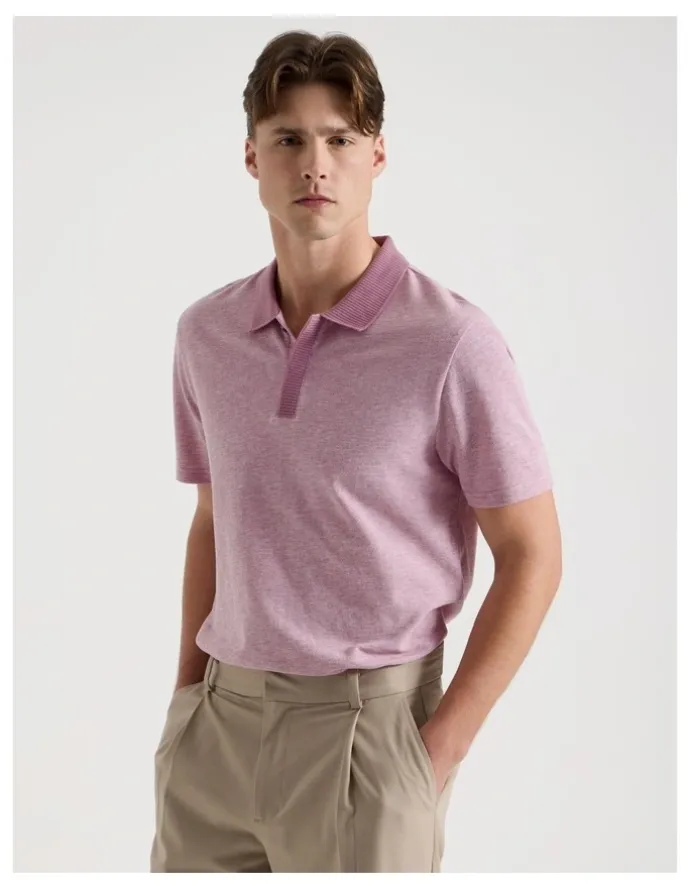 Blaq Rib Knit Collar Short Sleeve Polo in Pink