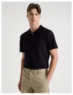 Blaq Rib Knit Collar Short Sleeve Polo in Black