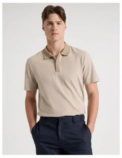 Blaq Rib Knit Collar Short Sleeve Polo in Sand