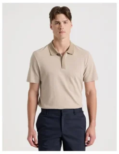 Blaq Rib Knit Collar Short Sleeve Polo in Sand
