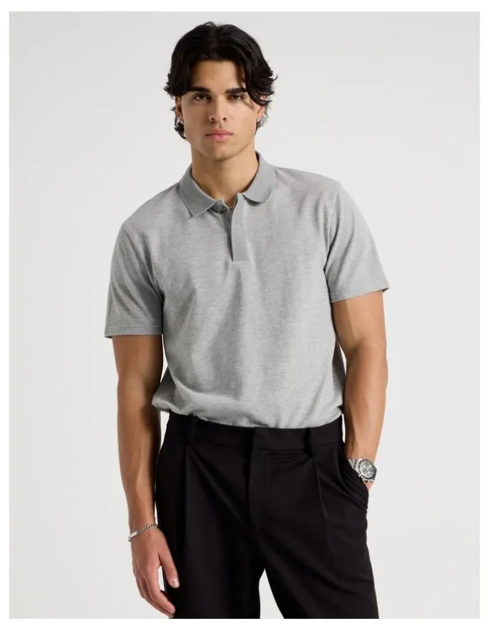 Blaq Rib Knit Collar Short Sleeve Polo in Light Grey
