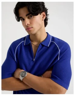 Blaq Seam Detail Zip Polo in Cobalt