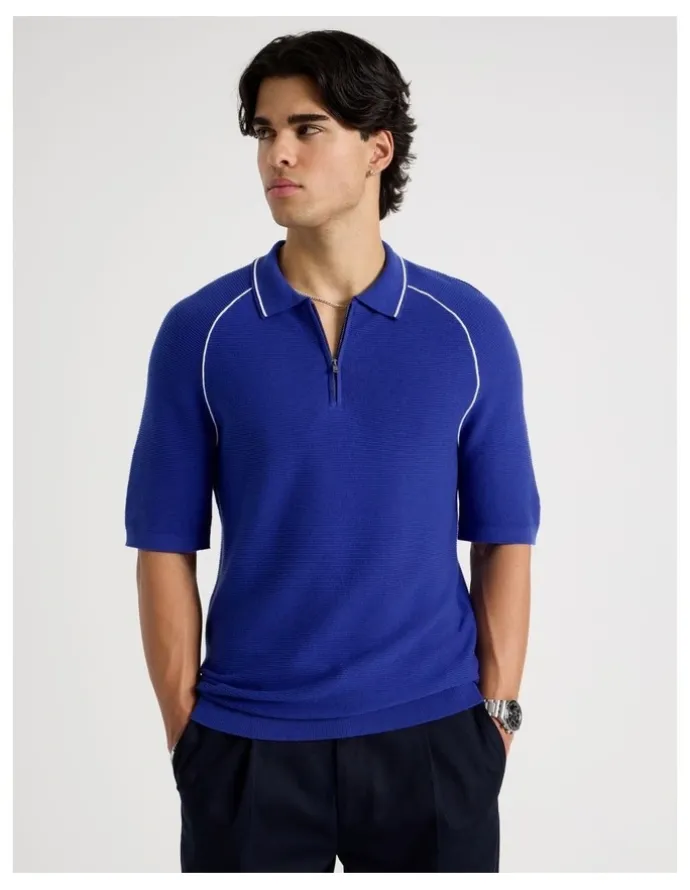 Blaq Seam Detail Zip Polo in Cobalt