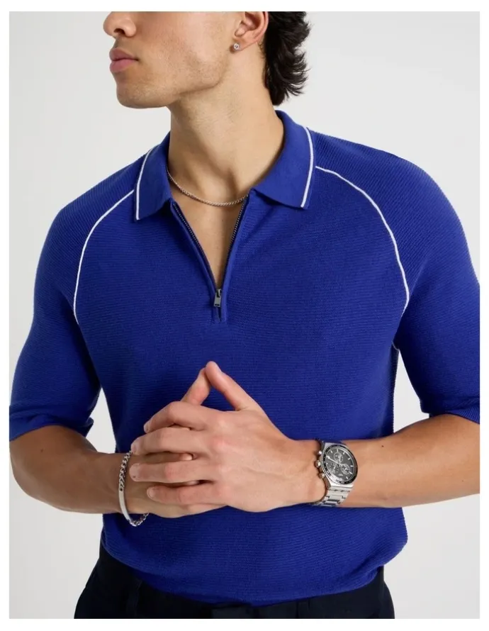 Blaq Seam Detail Zip Polo in Cobalt