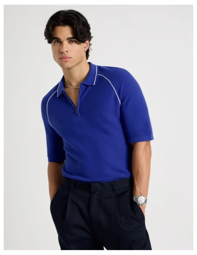 Blaq Seam Detail Zip Polo in Cobalt