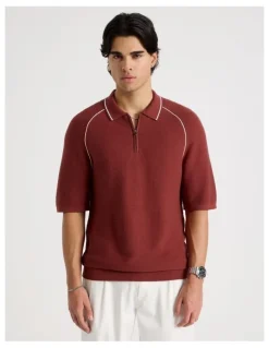 Blaq Seam Detail Zip Polo in Rust