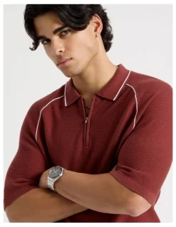 Blaq Seam Detail Zip Polo in Rust
