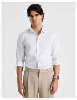 Blaq Slim Fit Stretch Long Sleeve Shirt in White