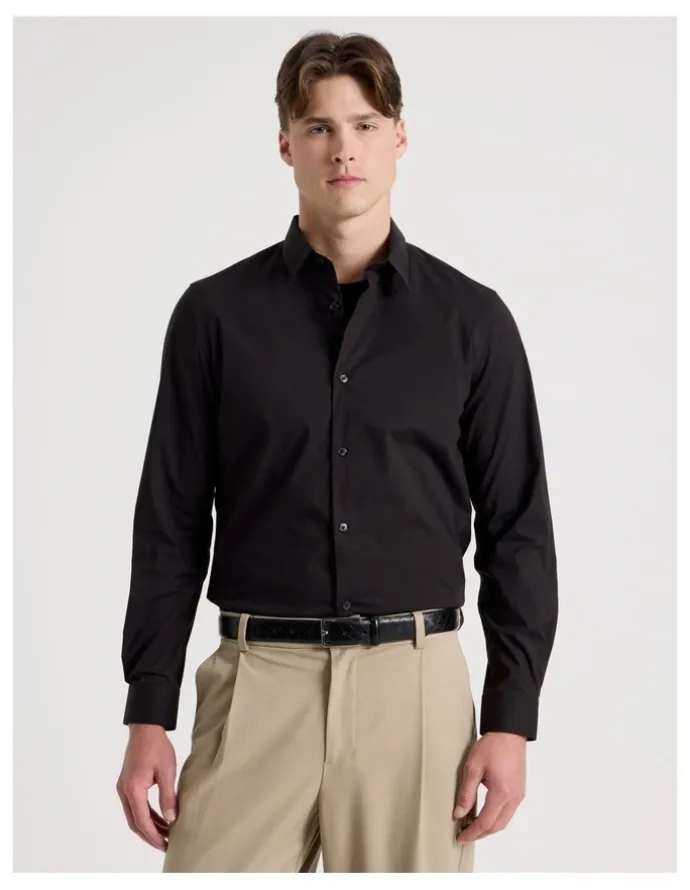 Blaq Slim Fit Stretch Long Sleeve Shirt in Black