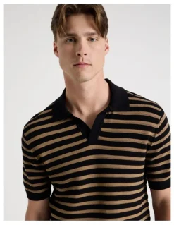 Blaq Stripe Open Collar Knit Polo in Black