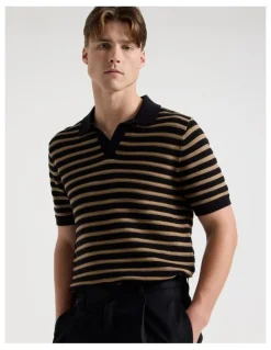 Blaq Stripe Open Collar Knit Polo in Black
