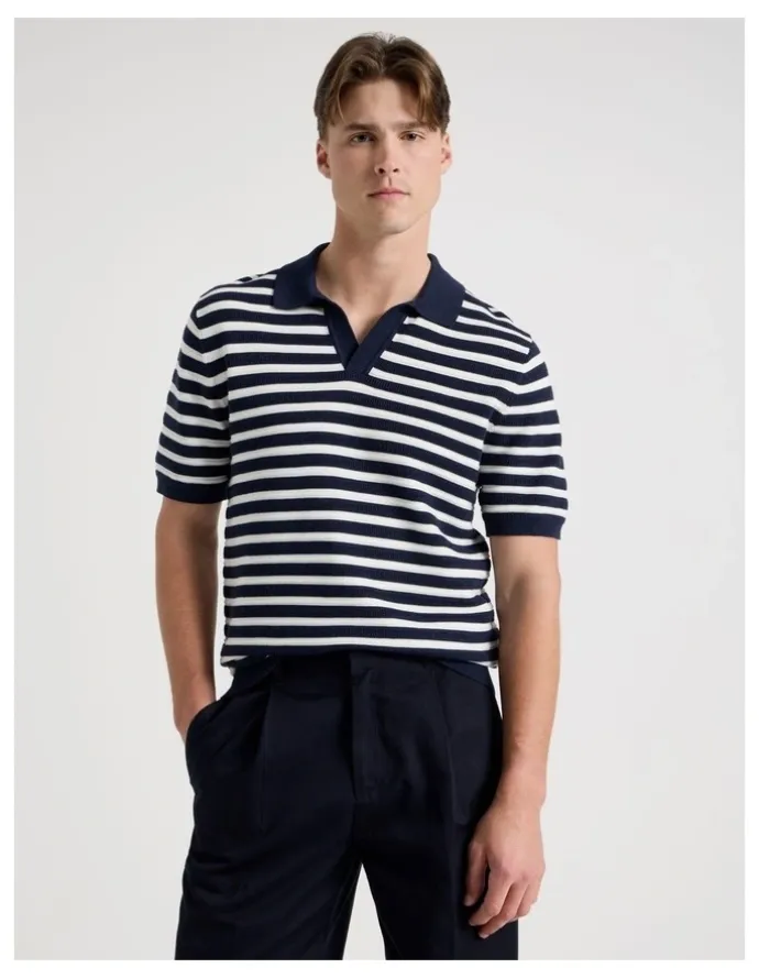 Blaq Stripe Open Collar Knit Polo in Navy