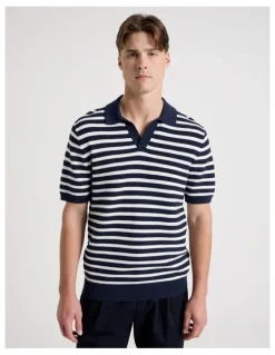 Blaq Stripe Open Collar Knit Polo in Navy