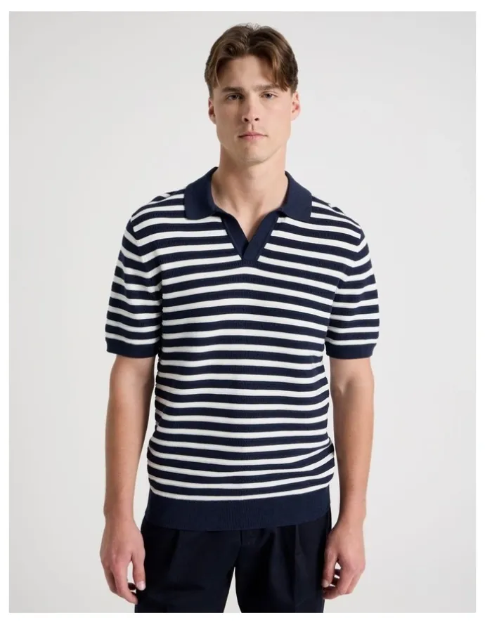Blaq Stripe Open Collar Knit Polo in Navy