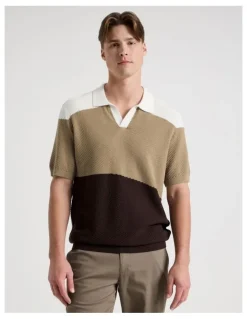 Blaq Textured Colourblock Knit Polo in Sand
