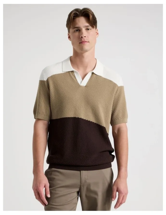 Blaq Textured Colourblock Knit Polo in Sand