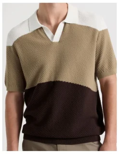 Blaq Textured Colourblock Knit Polo in Sand
