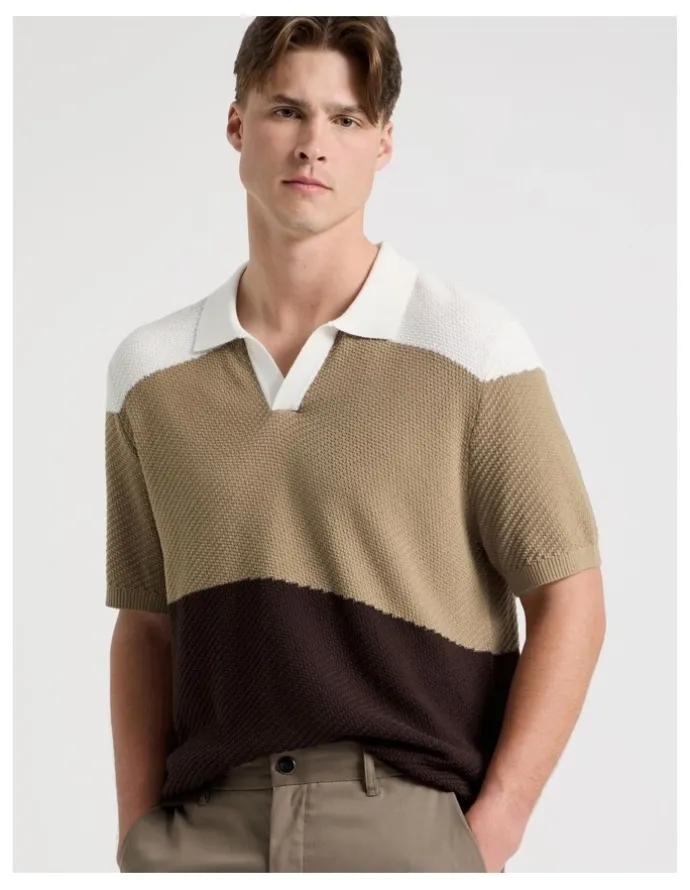 Blaq Textured Colourblock Knit Polo in Sand
