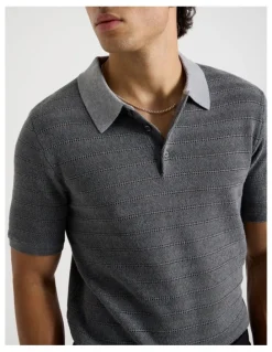 Blaq Textured Knit Short Sleeve Polo in Charcoal