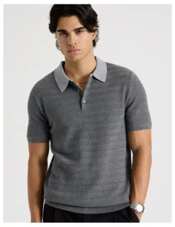 Blaq Textured Knit Short Sleeve Polo in Charcoal