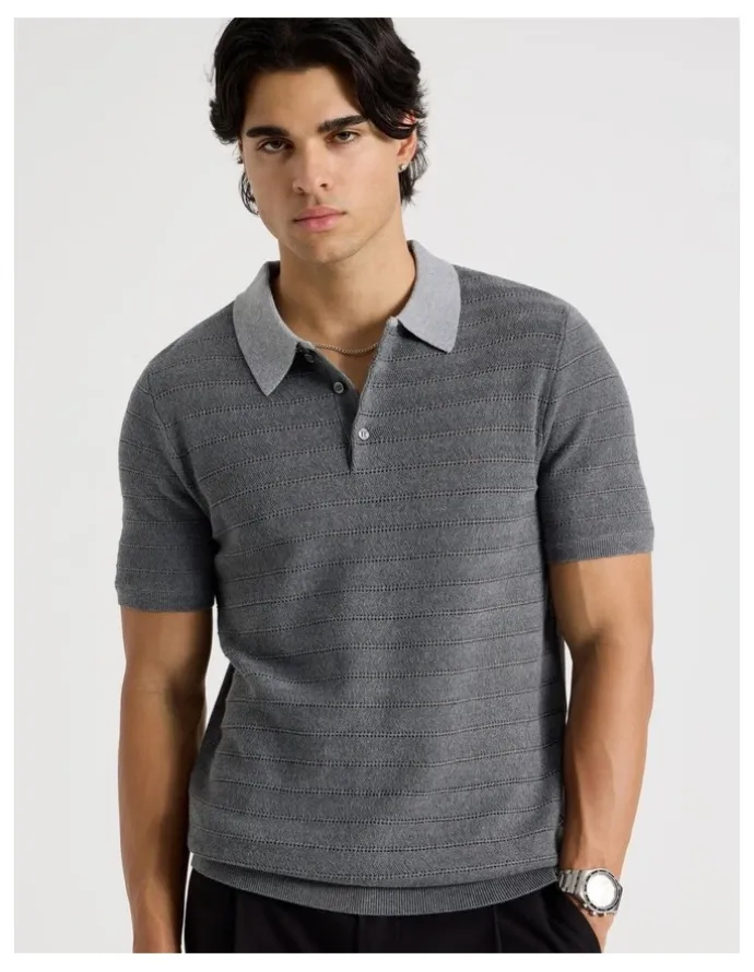 Blaq Textured Knit Short Sleeve Polo in Charcoal