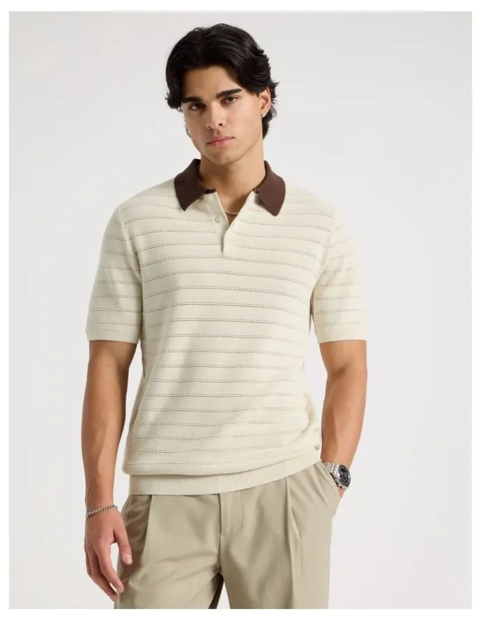 Blaq Textured Knit Short Sleeve Polo in Ecru