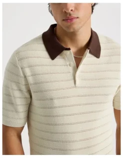 Blaq Textured Knit Short Sleeve Polo in Ecru