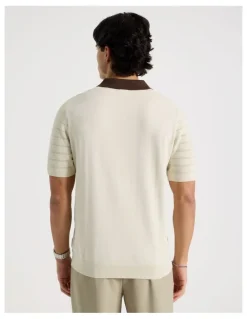 Blaq Textured Knit Short Sleeve Polo in Ecru