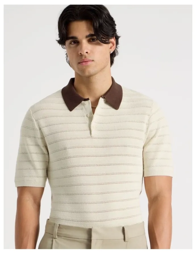 Blaq Textured Knit Short Sleeve Polo in Ecru