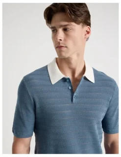 Blaq Textured Knit Short Sleeve Polo in Mid Blues