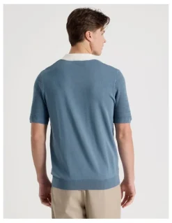Blaq Textured Knit Short Sleeve Polo in Mid Blues
