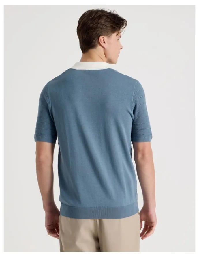 Blaq Textured Knit Short Sleeve Polo in Mid Blues