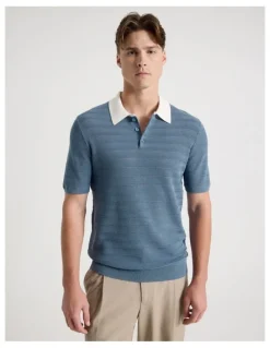 Blaq Textured Knit Short Sleeve Polo in Mid Blues