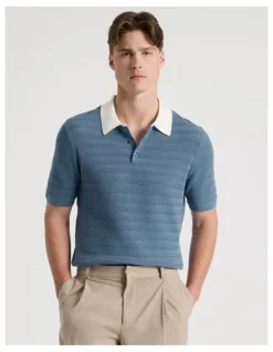 Blaq Textured Knit Short Sleeve Polo in Mid Blues