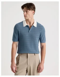 Blaq Textured Knit Short Sleeve Polo in Mid Blues
